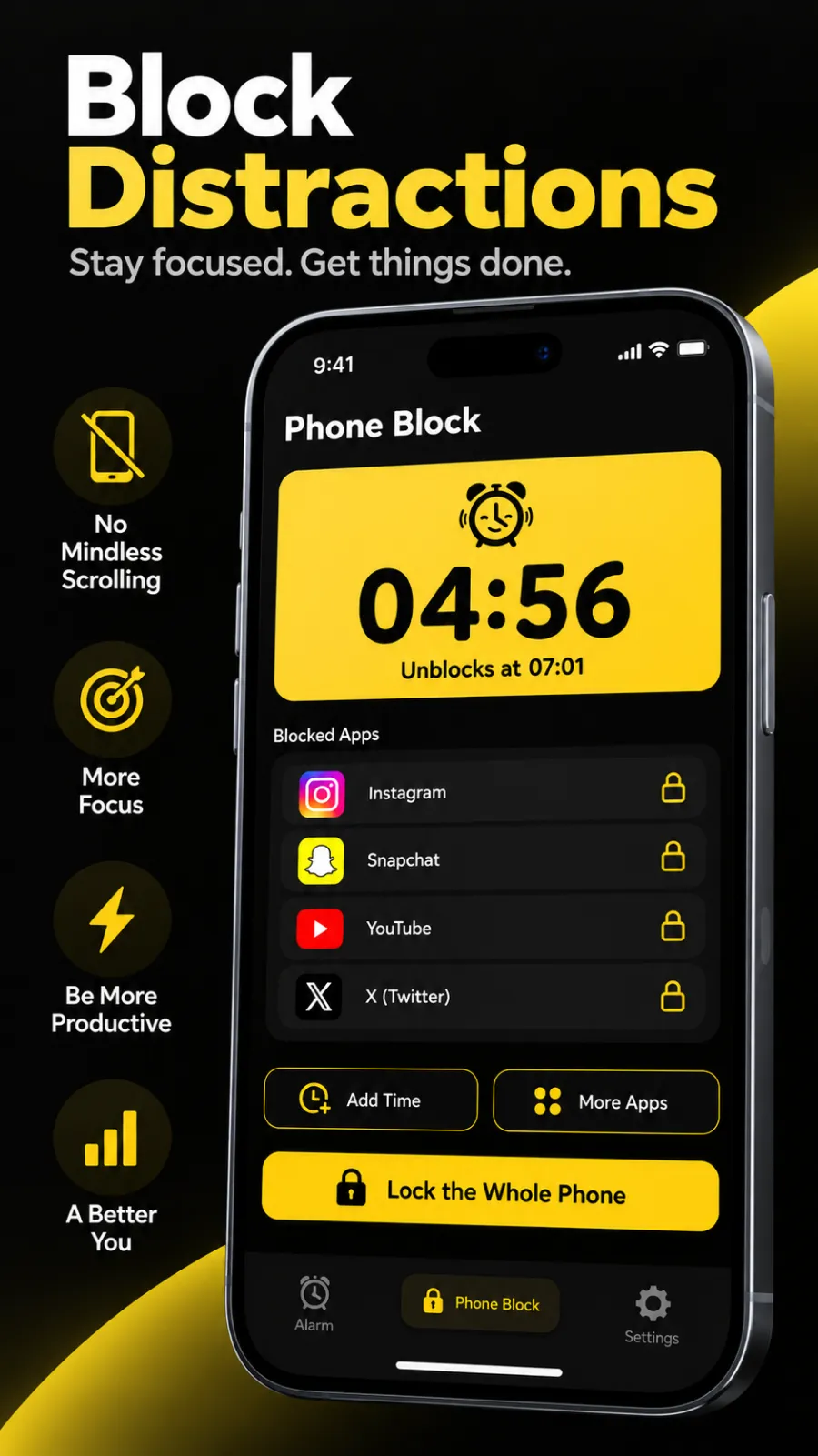 A running Phone Block at 04:56, unblocking at 07:01, with Instagram, Snapchat, YouTube and X locked and buttons to add time, add apps or lock the whole phone