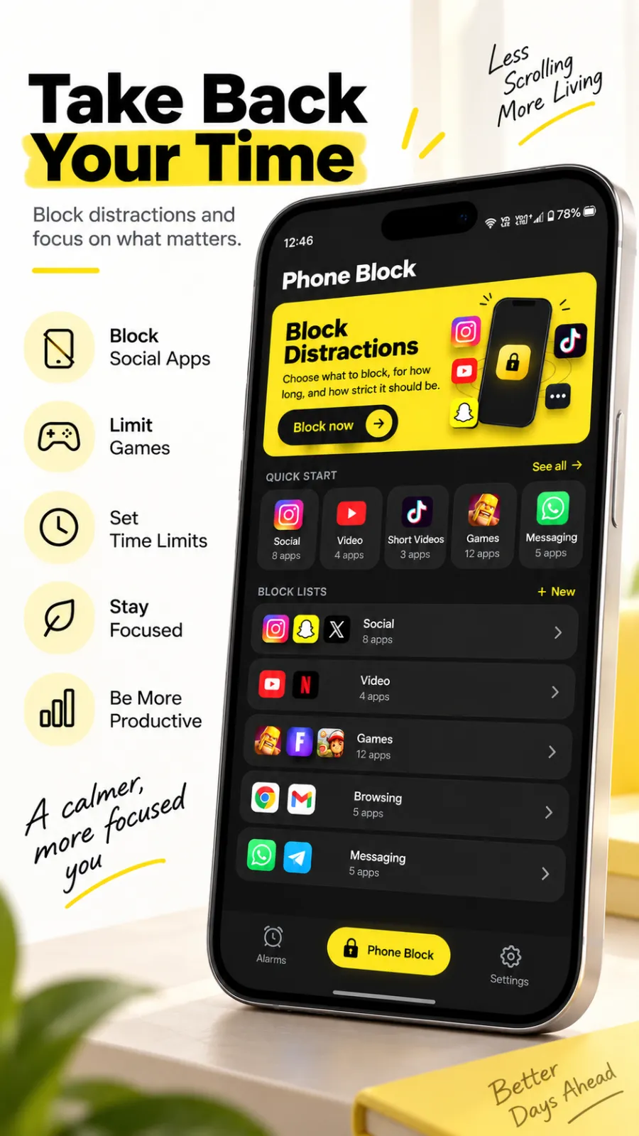 Beyond Alarm Phone Block: a Block now button, quick-start categories and saved block lists for social, video, games, browsing and messaging