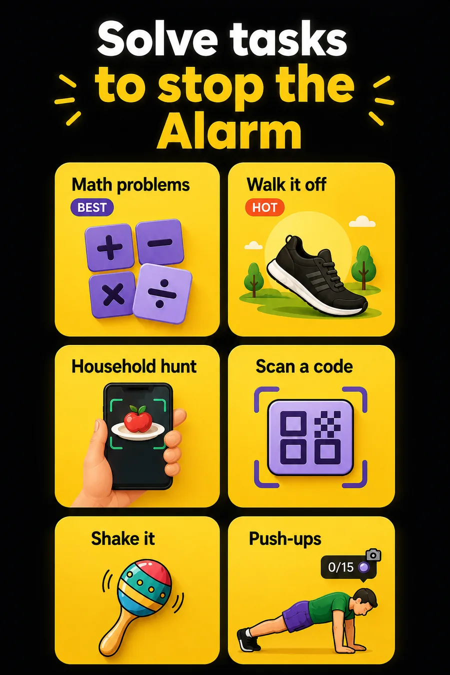 Wake-up missions: maths, walk it off, household hunt, scan a code, shake it, push-ups
