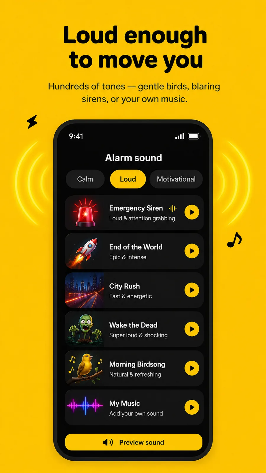 The alarm sound picker, with calm, loud and motivational tones
